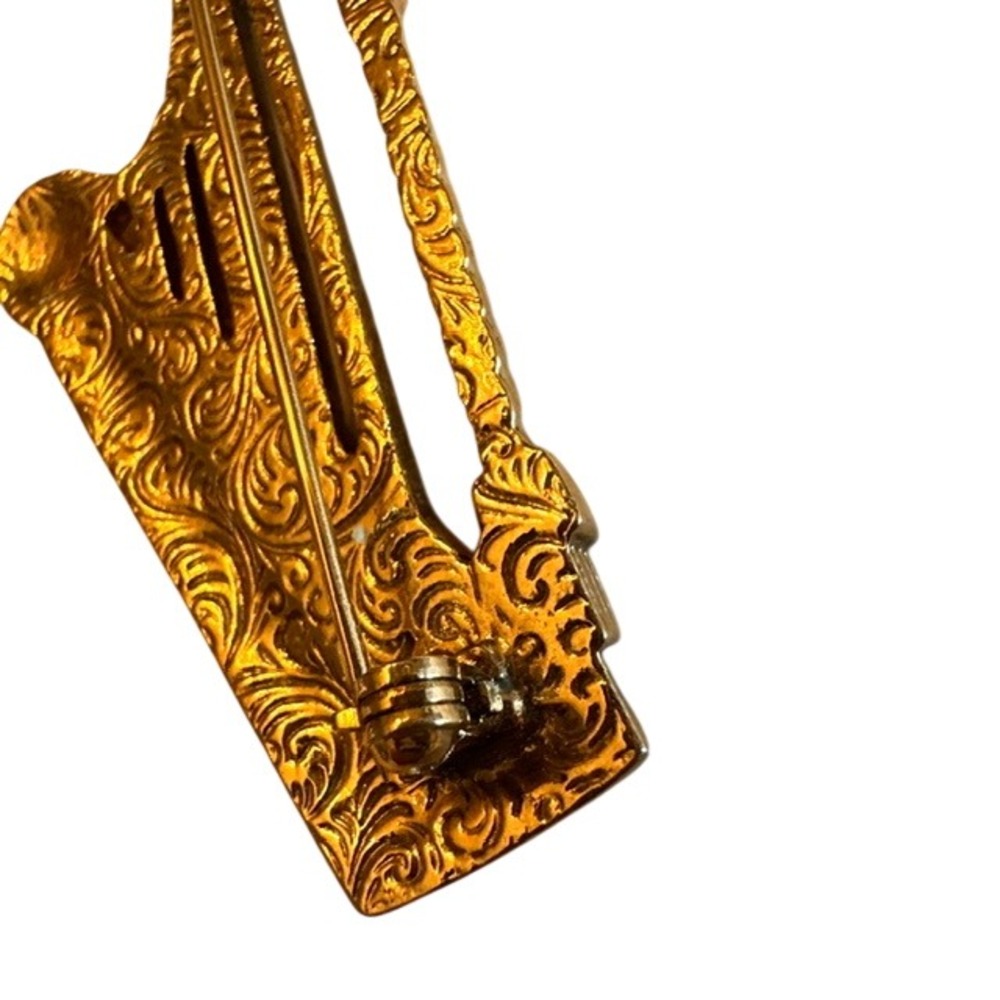 Vintage Gold Tone Harp Brooch Ornate Rhinestone Musical Instrument Pin 2 Inch - Picture 5 of 5